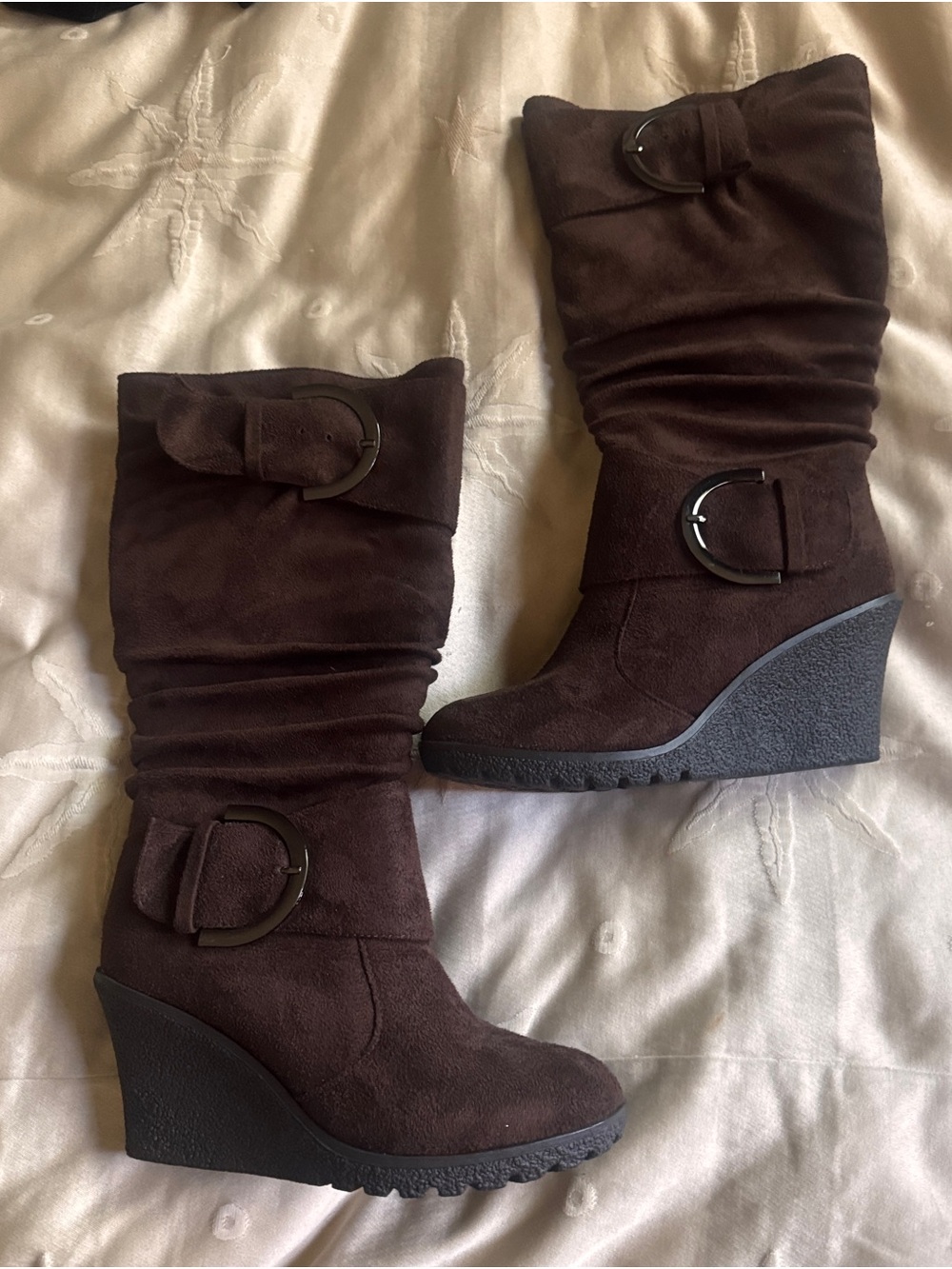 TOP Moda Dark Brown Suede Wedge Boots with Buckle Accents